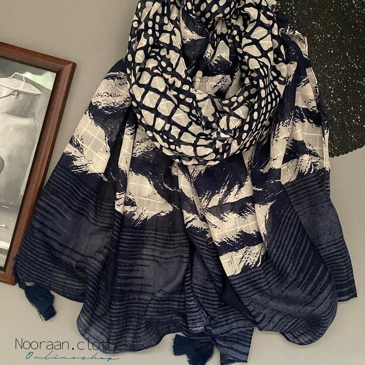 شال نخی تابستانه منگوله دار آبی سفید