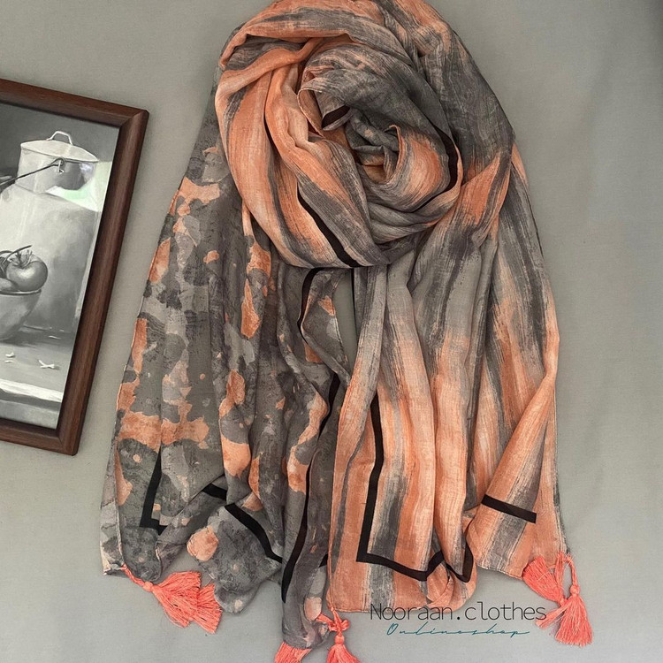 شال نخی منگوله دار صورتی طوسی