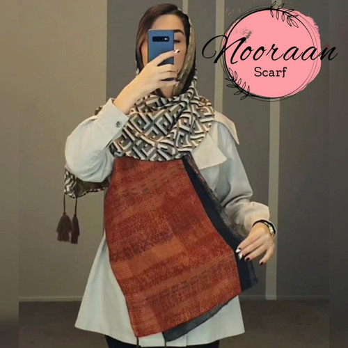 شال نخی پاییزه طرحدار خاکی نارنجی 105801
