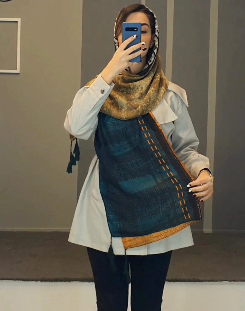 شال نخی پاییزه طرحدار سبزآبی نارنجی 105802