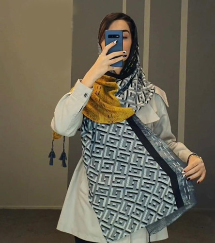 شال نخی پاییزه طرحدار زرد طوسی 105803