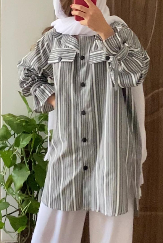 مانتو نخی دکمه دار - طوسی - راه راه