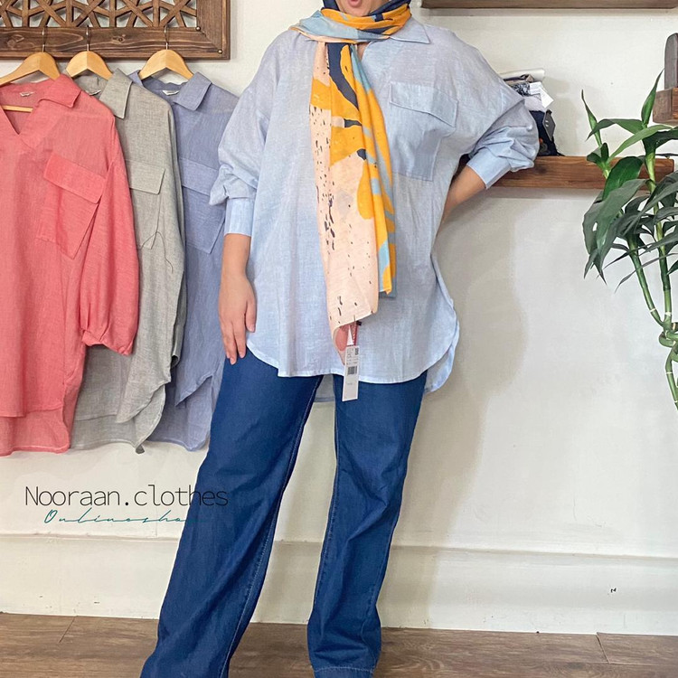 مانتو لنین آبی روشن جلوبسته