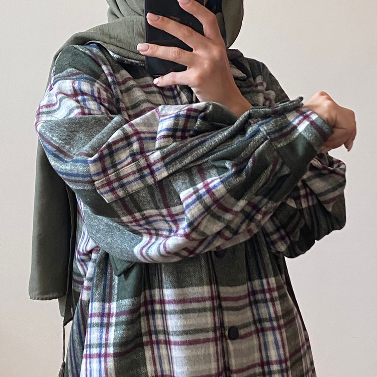 مانتو پشمی چهارخونه سبز