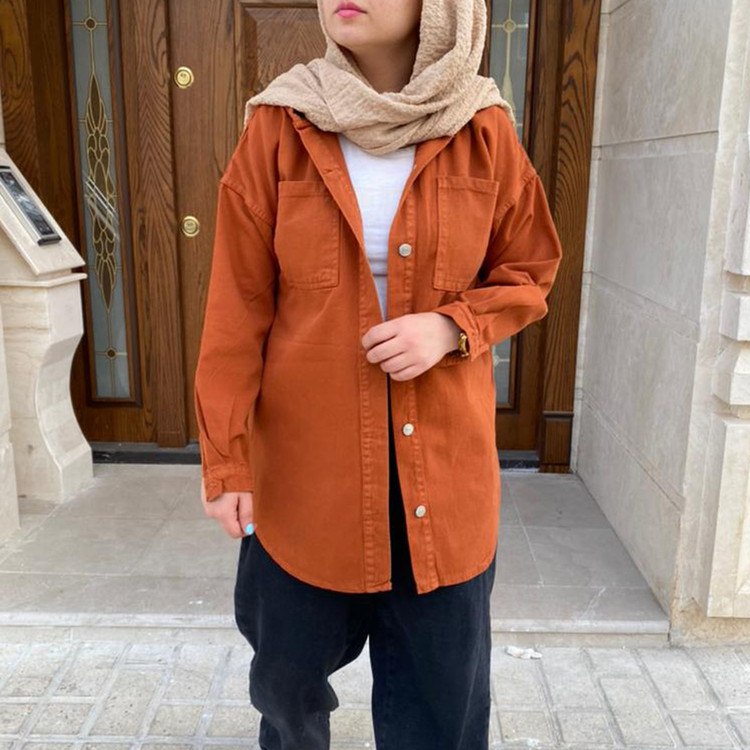 مانتو کتان پاییزه آجری کلاه دار