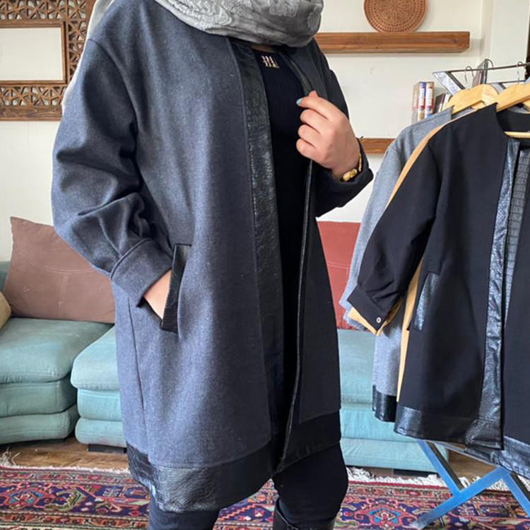 پالتو فوتر زنانه طوسی تیره خرج کار چرم