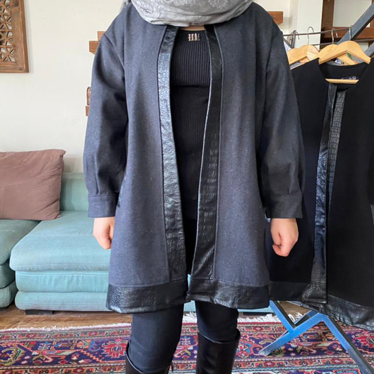 پالتو فوتر زنانه طوسی تیره خرج کار چرم