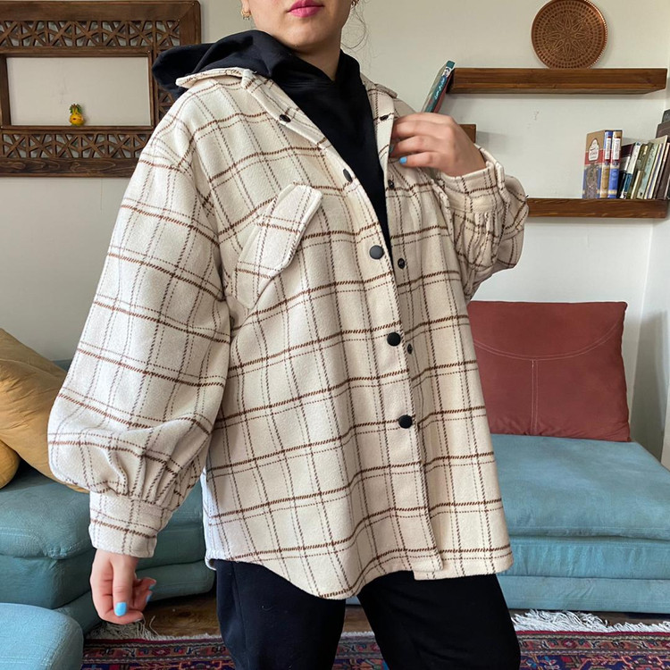 مانتو پشمی چهارخونه کرمی