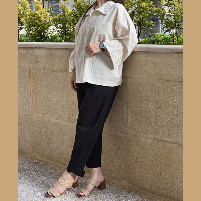 شومیز کرمی و شلوار مشکی لنین