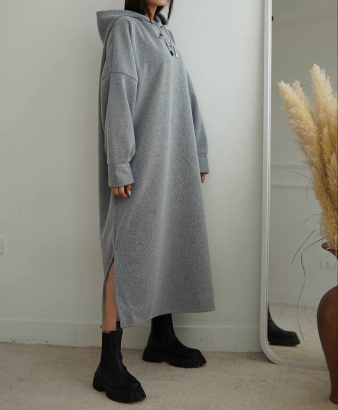 پیراهن هودی بلند زنانه طوسی روشن - کلاه دار