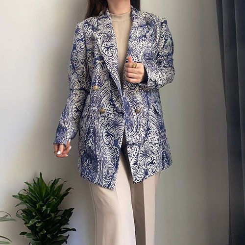 مانتو کتی مجلسی ژاکارد آبی طرحدار