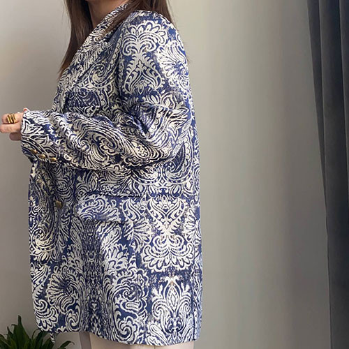 مانتو کتی مجلسی ژاکارد آبی طرحدار