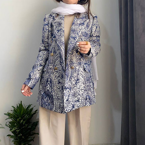 مانتو کتی مجلسی ژاکارد آبی طرحدار