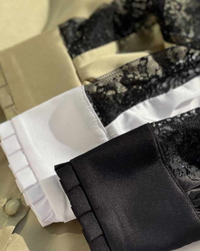 شومیز ساتن سفید خرجکار گیپور مشکی