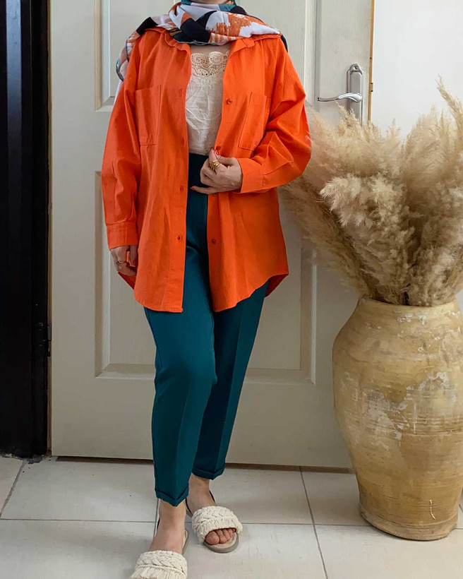 خرید مانتو نارنجی لینن