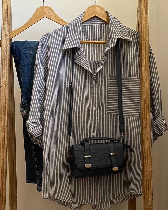 خرید مانتو لینن راه راه آبی سیر