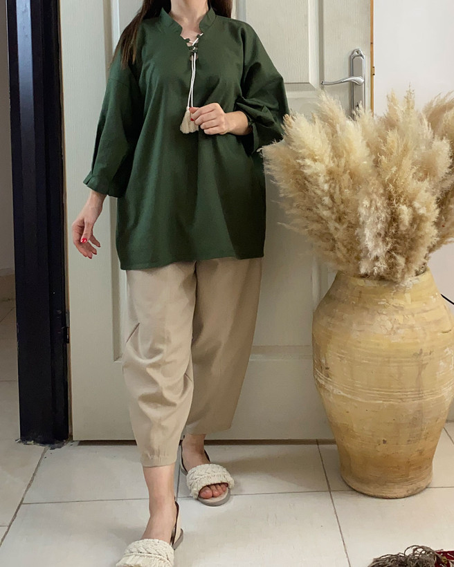 مانتو لینن سبز جلو بسته