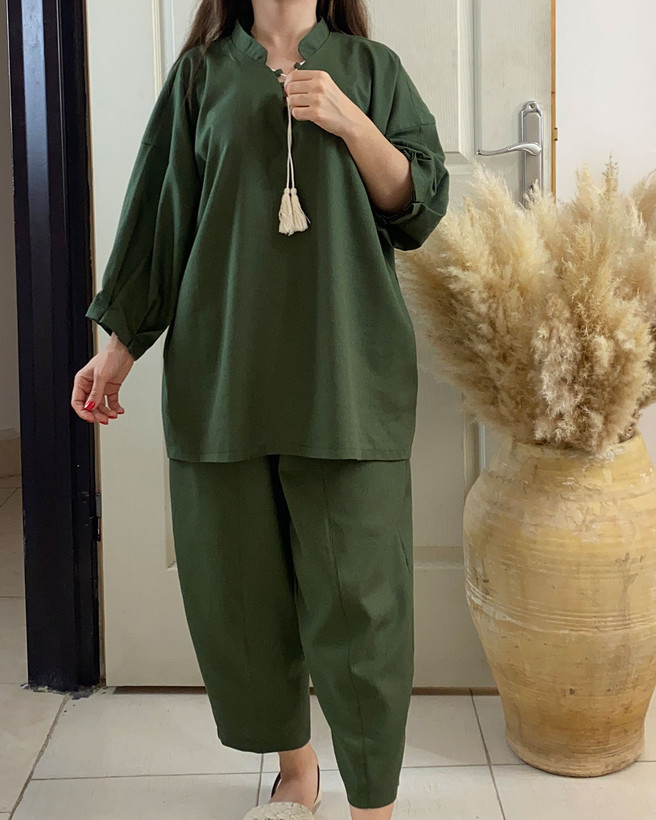 مانتو لینن سبز جلو بسته