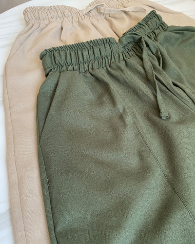 شلوار لینن خمره ای کمرکش - کرم