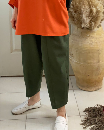 شلوار لینن خمره ای کمرکش - سبز