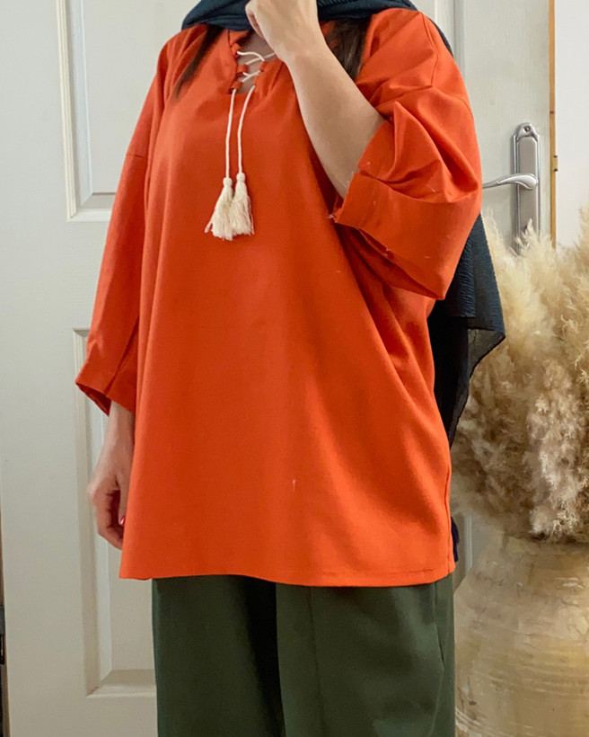 مانتو لینن نارنجی جلو بسته