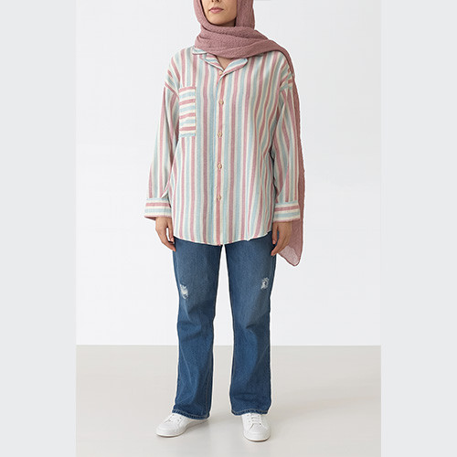 مانتو لینن راه راه صورتی و آبی